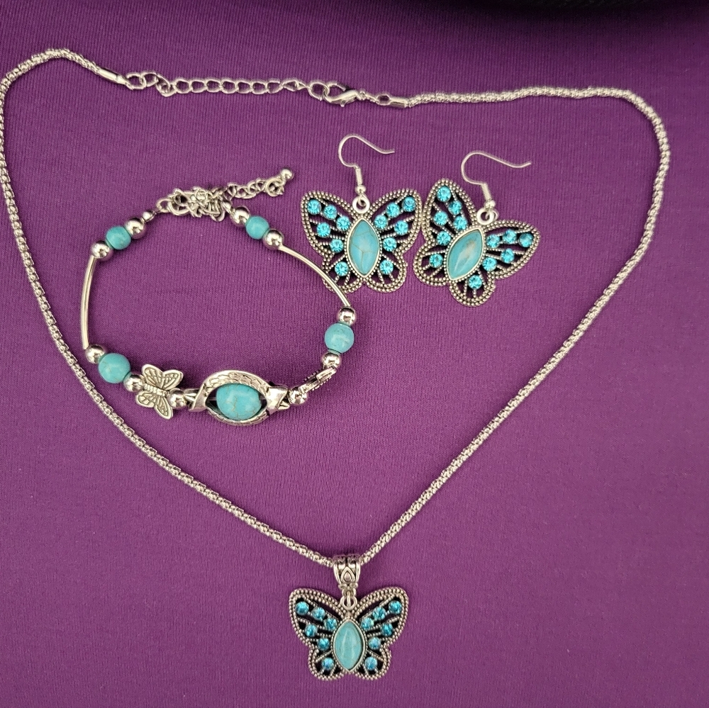 Silver Tone and Turquoise Butterfly Jewelry Set